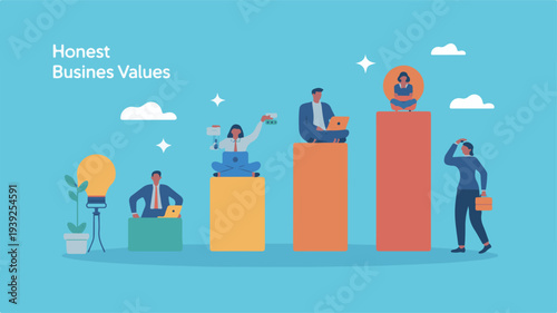 Illustration of honest business values concept with professionals working together in a modern office environment from a front viewpoint
