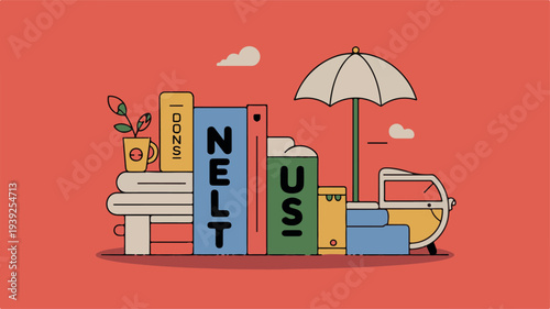 Illustration of honest business values concept with books, umbrella, and documents on a vibrant background from a straightforward viewpoint