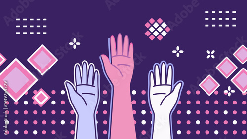 Diverse hands raised in unity and solidarity with colorful geometric patterns on a purple background