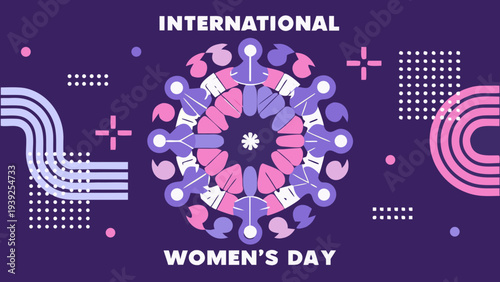 Diverse women silhouettes in purple and pink hues celebrate international women's day with a circular formation and geometric patterns on a dark background