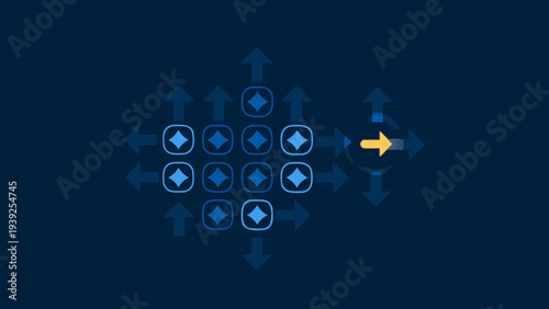 Futuristic grid of blue arrow icons pointing in multiple directions with a single yellow arrow leading the way on dark background
