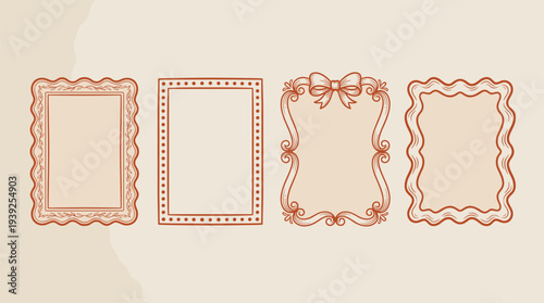 Vintage style ornate picture frame borders with floral designs and decorative edges on beige background