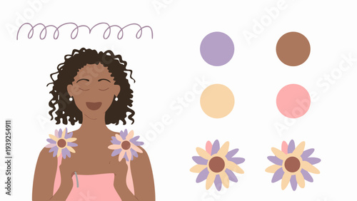 Woman with curly black hair holding sunflowers smiling peacefully in pink top and flowers in hair on white background