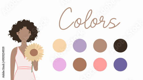 Woman with natural afro curly hair holding a sunflower standing next to color palette