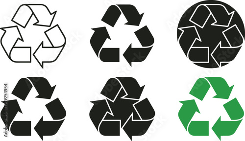 Collection of recycling symbols in various styles and colors