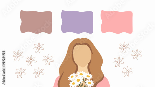 Woman with long ginger hair holding a bouquet of daisies surrounded by flowers and color swatches on white background symbolizing spring and happiness