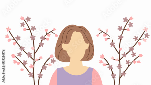 Woman with brown hair standing beside pink cherry blossom trees in spring