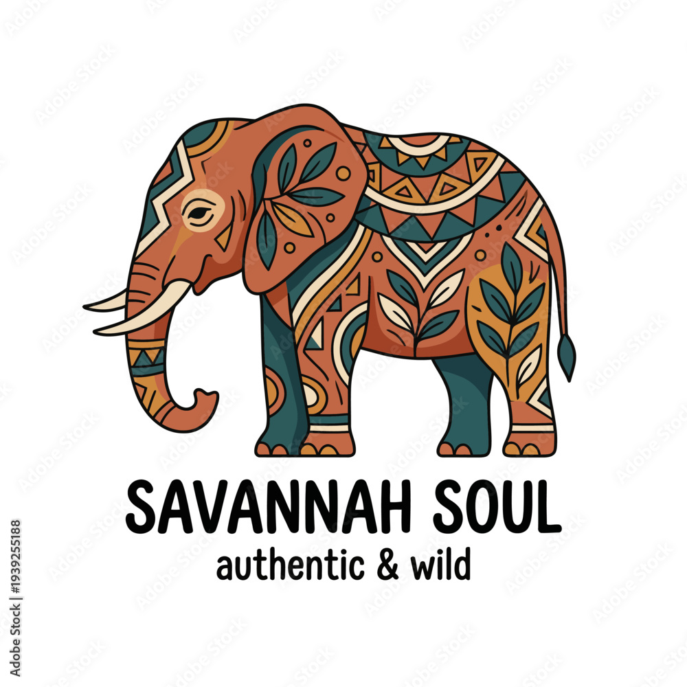 Obraz premium This artistic illustration of an elephant, adorned with patterns and foliage, represents cultural heritage, wildlife conservation, beauty, and the connection to nature.