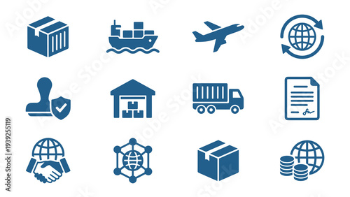 Global trade logistics and shipping transportation concept. Set of blue business delivery icons including cargo ship, truck, plane and warehouse on a transparent background.