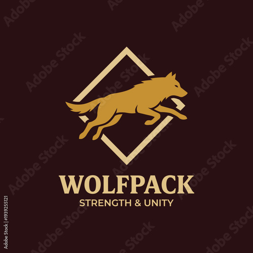 This striking logo showcases a dynamic wolf in mid-leap, enclosed in a diamond shape, symbolizing strength, unity, and teamwork, ideal for an organization focused on empowerment.