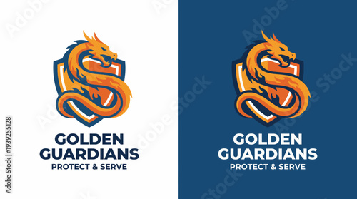 This powerful logo showcases a stylized dragon within a shield, symbolizing protection and strength, ideal for security or protective services looking for a bold branding identity.