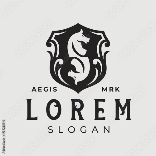A sophisticated black and white logo featuring a shield with intertwined serpents, representing strength, protection, and luxury in branding for elite services or products.