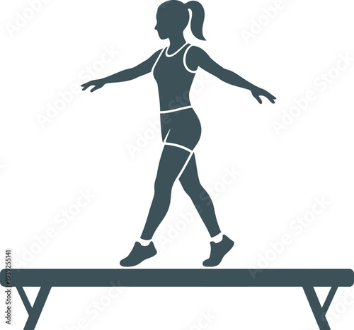 Grey vector silhouette of a female gymnast walking across a balance beam. Clean, minimalist design perfect for sports branding, fitness logos, and athletic competition graphics.