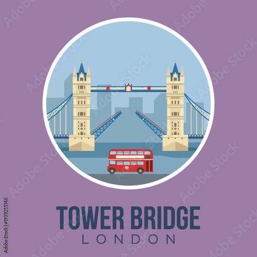A picturesque illustration of London’s famous Tower Bridge, capturing its architectural grandeur with a red double-decker bus, representing travel and urban exploration.