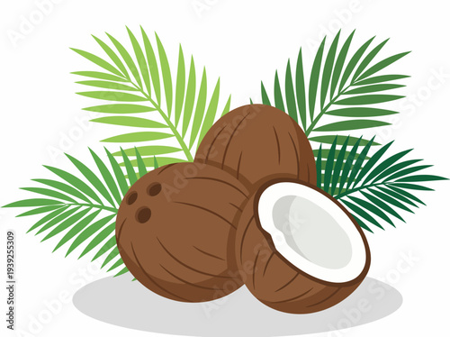 A vibrant illustration of coconuts set against a backdrop of tropical palm leaves, capturing the essence of summer, relaxation, and the beauty of natural produce.