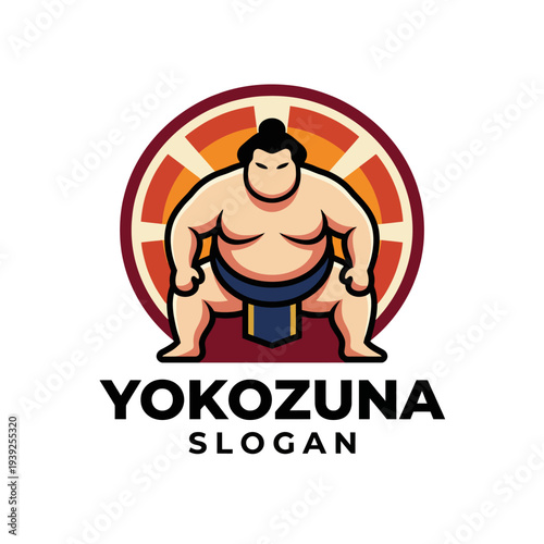 A creative logo featuring a muscular sumo wrestler standing confidently, set against a vibrant circular background that symbolizes strength and tradition in Japanese culture.