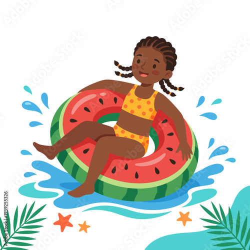 A joyful child floats in a watermelon-shaped inflatable, capturing the essence of summer fun, innocence, and carefree experiences at a pool or beach environment.
