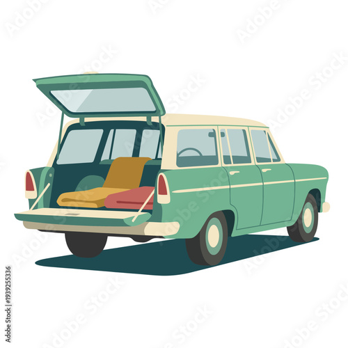 A nostalgic illustration of a vintage green station wagon with a spacious opened trunk, evoking memories of family road trips and adventure on the open road.