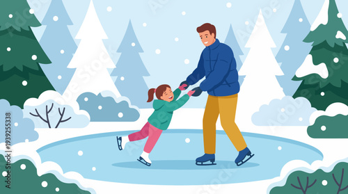 A whimsical winter scene depicting a father and daughter joyfully ice skating together on a frozen pond surrounded by snow-covered trees, capturing the essence of family bonding.