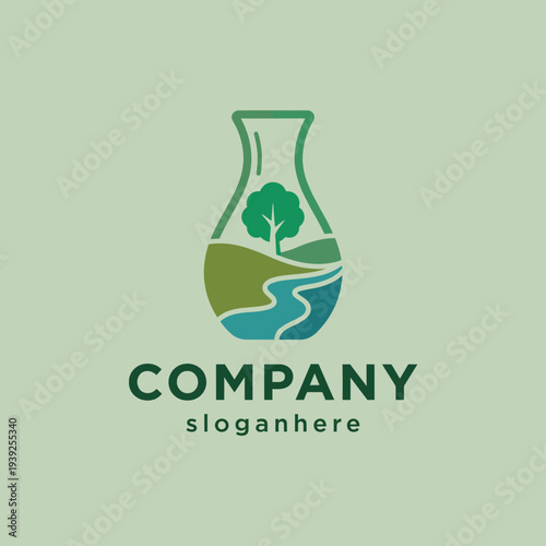 A nature-inspired logo design showcasing a glass bottle filled with a flowing river and a tree inside, reflecting a commitment to eco-friendly practices and sustainability.