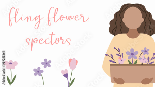 Woman holding a basket of colorful flowers smiling and standing against a white background with wavy brown hair