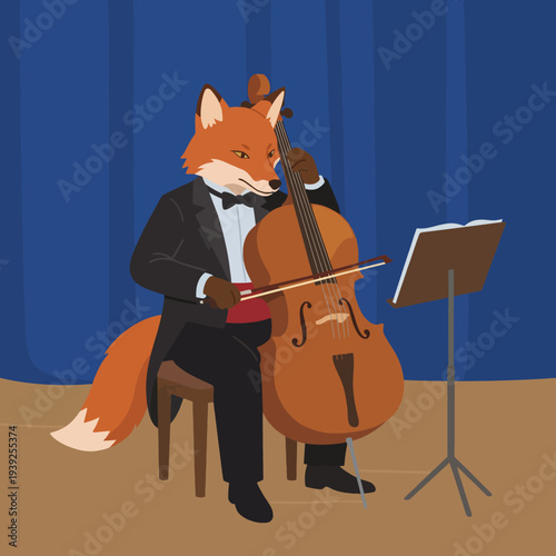 This whimsical illustration features an anthropomorphic fox in a tuxedo passionately playing a cello on stage, combining charm with a cultural musical element.
