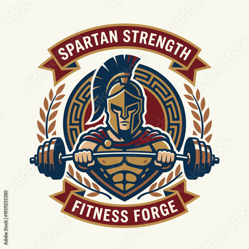 A powerful Spartan figure lifting a barbell showcasing strength and fitness. The design merges ancient warrior imagery with a modern fitness concept for branding.