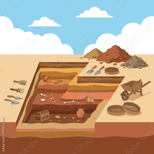 An illustrated scene of an archaeological dig, showcasing various tools and ancient artifacts, representing the exploration of history and discovery.