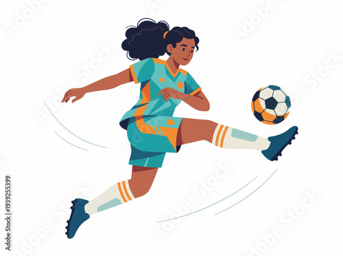 A lively illustration of a girl in motion kicking a soccer ball, capturing the energy and excitement of sports, along with themes of teamwork and achievement.