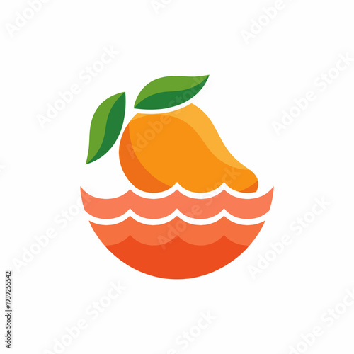 This vibrant design showcases a mango resting on stylized waves, symbolizing freshness, nature, and the tropical vibe, appealing to food lovers and graphic design enthusiasts alike.