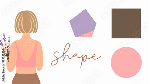 Blonde woman with short bob haircut holding lavender flowers from behind wearing pink top and brown skirt