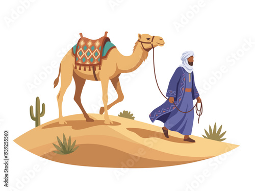 This captivating illustration depicts a camel walking through a desert, capturing the essence of adventure, exploration, and the beauty of arid landscapes.