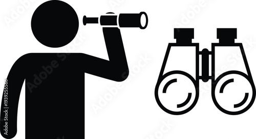 A person looking through a telescope next to a pair of binoculars