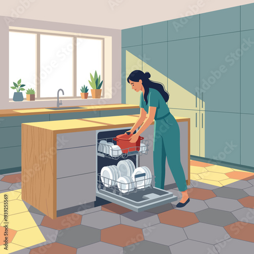 This vibrant illustration showcases a woman loading a dishwasher in a modern kitchen, highlighting domestic life, convenience, and the balance of work and home responsibilities.