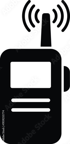 Black and white illustration of a walkie talkie with signal waves