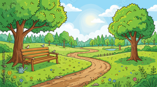 A serene cartoon landscape with a winding dirt path through a green meadow with trees and a wooden bench on a sunny day with blue sky and white clouds