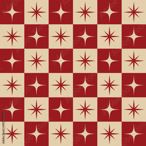 Foto Seamless retro mid century modern holiday star geometric pattern in red and gold