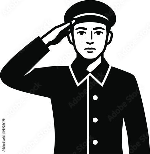 A black and white illustration of a man in a uniform saluting with a serious expression