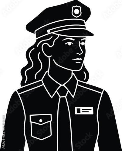 A black and white illustration of a female police officer in uniform