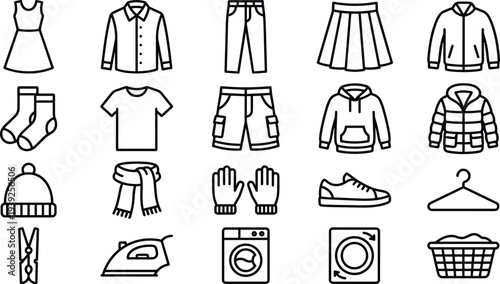 Collection of various clothing items and laundry symbols in line art style