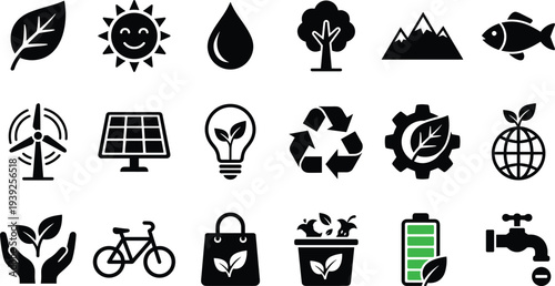 Collection of eco friendly icons for sustainable living and green technology
