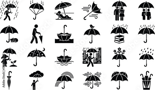 Collection of various black umbrella icons on with people and rain