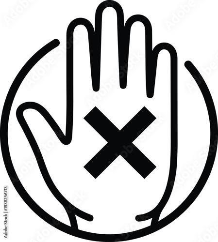 Black line drawing of a hand with palm facing outwards and an x marked through it in a circle