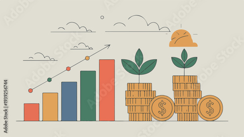 Financial growth illustration showing stacks of coins with plants and bar graphs indicating long-term planning versus quick profit strategies