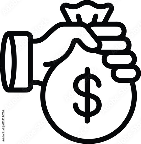 A hand holding a money bag with a dollar sign on it in a simple line drawing style