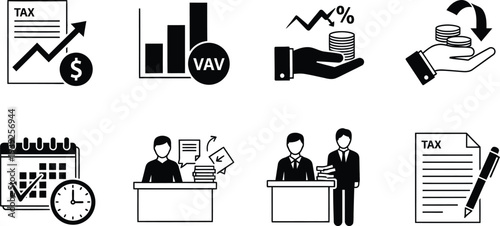 Business and finance icons set with graphs people and documents