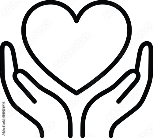 A pair of hands cradling a heart in a simple line drawing style