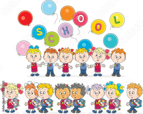 Happy little schoolboys, schoolgirls with colorful holiday balloons and schoolchildren with backpacks going to school, a set of vector cartoon illustrations on a white background
