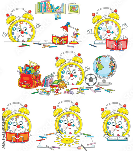 Cartoony alarm clock doing school homework, writing in an exercise book and reading a textbook, completing its schoolbag and drawing a picture, a set of vector cartoon illustrations