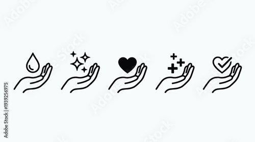 A set of hands holding various symbols including a water droplet, stars, a heart, and a checkmark